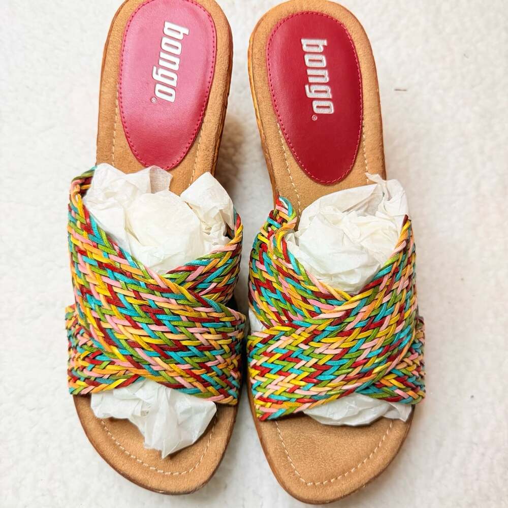 Bongo Multi Color Woven Straw Wedge Sandals Size 7
